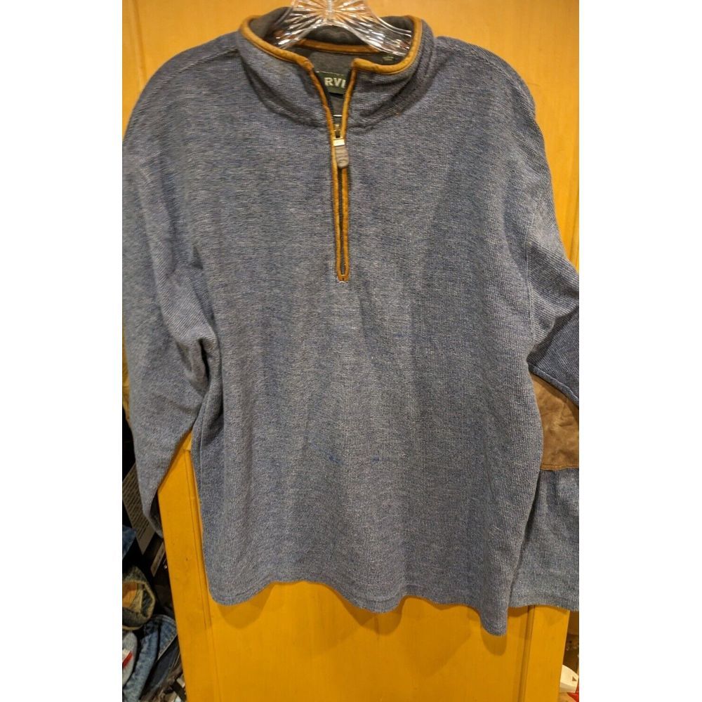 Orvis Mens 1/4 Zip Sweater Large Grey Tan Leather Elbow Trim‎ Collar SOME STAINS